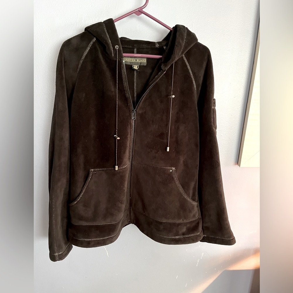 Large Karen Blake Fleece Heavyweight Jacket Hood Pockets Preowned